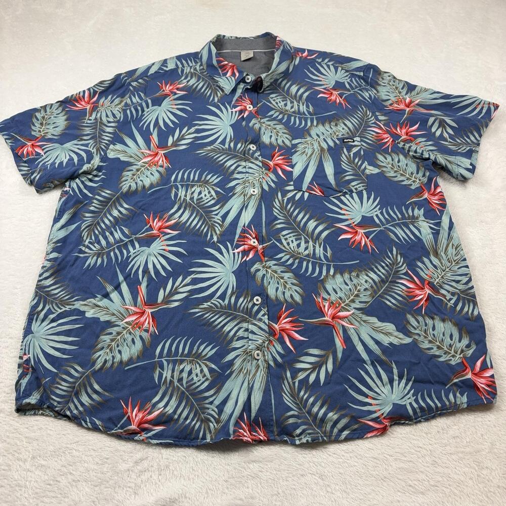 Hurley Button Up Shirt Men 2XL Blue Tropical Floral Rayon Short Sleeve Relaxed